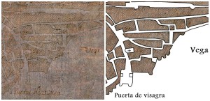 (Izqda.) Fragmento del plano del Greco,  insertado en Vista y plano de Toledo. Museo del Greco de Toledo.  http://cort.as/VJt3 | (Dcha.) Perfil dibujado (C. Bas Vivancos, 2015) http://goo.gl/R6CkGF 
