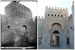 (Izqda.) Puerta de Alfonso VI con su entrada tapiada, según estuvo hasta 1905. Foto de J. Laurent en el Archivo Municipal de Toledo http://goo.gl/T6Tkui | (Dcha.) Vista exterior de la puerta de Alfonso VI en 2015  con el hueco del postigo lateral recuperado. Foto R. del Cerro Malagón. http://www.vivirtoledo.es/. 