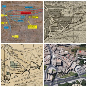 De izquierda a derecha; Arriba: Fragmento del plano del Greco,  insertado en Vista y plano de Toledo. Museo del Greco de Toledo. http://cort.as/VJt3 |  (Abajo) Fragmento girado del plano de F. Coello y M.Hijón (1858). Archivo Municipal de Toledo. http://goo.gl/6ymSct Fragmento girado del plano de A. Rey Pastor. Archivo Municipal de Toledo.  http://goo.gl/qPCWeX Fragmento girado. Vista Google Maps (2015) 