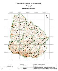 Distribución espacial de las muestras sobre el mapa de Uruguay, realizado con gvSIG + Inkscape