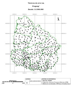 Vectores de error radial sobre el mapa de Uruguay, realizado con Darcy, gvSIG e Inkscape