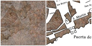(izqda.) Fragmento del plano del Greco,  insertado en Vista y plano de Toledo. Museo del Greco de Toledo.  http://cort.as/VJt3 | (dcha.) Perfil dibujado (C. Bas Vivancos, 2015) http://goo.gl/R6CkGF 