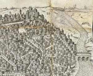 Panorámica de Toledo de Ambrogio Brambilla (h. 1585). A la derecha, el recorrido del artificio de Juanelo desde el Tajo hasta el Alcázar. Véase el estudio publicado por el Museo del Greco de Toledo: http://goo.gl/yaTMIg